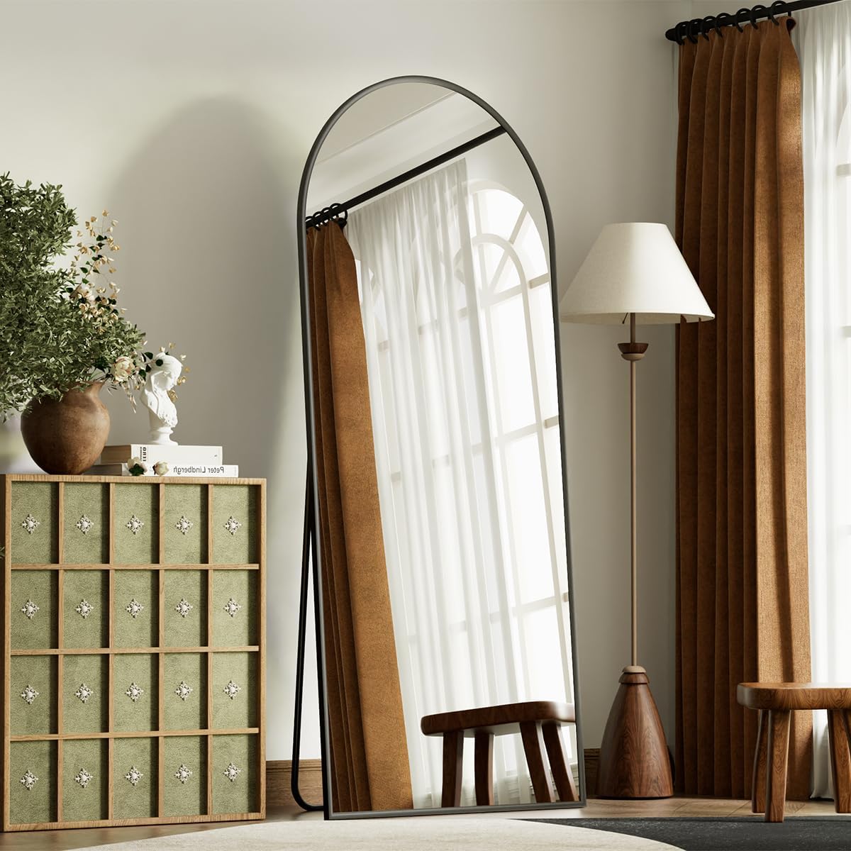 XRAMFY 56"x21" Arched Full Length Mirror Floor Mirrors with Aluminum Alloy Frame Free-Standing Wall Mounted Floor Mirrors or Large Dressing Mirror, Black Mirror Full Length