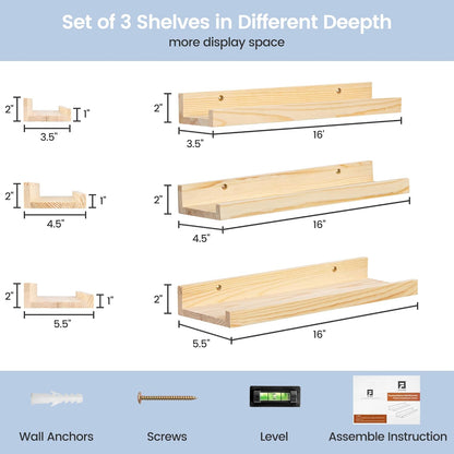 FLYJOE Picture Ledge Shelf, Floating Shelves Set of 2, Solid Pine Wood 55'' Long Large Nursery Book Shelves for Toys Storage, Kids Bookshelf for Living Room Bedroom Decor Books Photo Frames, Walnut