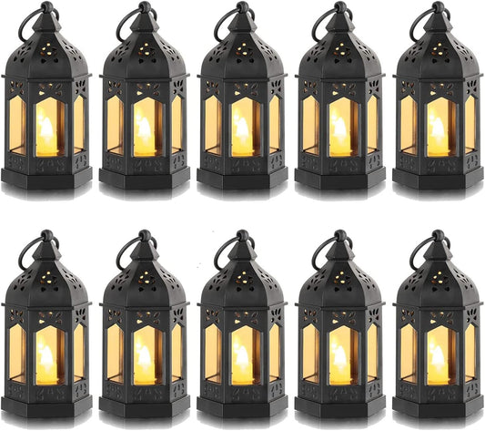 Mini Lantern with Flickering LED Candles Set of 10, Hewory Gold Vintage Decorative Hanging Candle Lanterns for Halloween, Christmas, Wedding Decorations, Party, Table Centerpiece, Battery Included