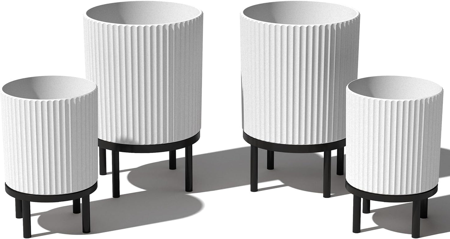 Veradek Demi Series Round Planter w/ Stand for Porch/Patio | Durable Plastic-Concrete & Wooden Stand | Modern Décor for Tall Plants, Flowers