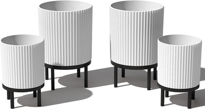 Veradek Demi Series Round Planter w/ Stand for Porch/Patio | Durable Plastic-Concrete & Wooden Stand | Modern Décor for Tall Plants, Flowers