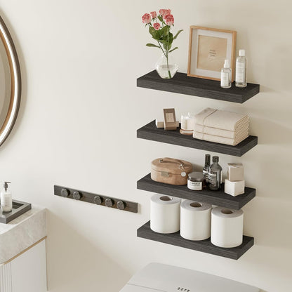 Fixwal Black Floating Shelves for Wall, Rustic Wood Shelves for Bathroom, Living Room, Bedroom and Kitchen, Wall Shelves for Storage, Books, Room Decor (Set of 4, 15.8 Inch)