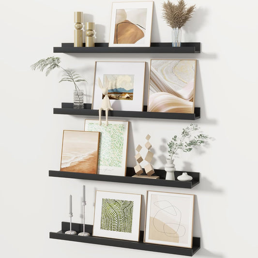 Fun Memories Picture Ledge Shelves Set of 2, 32 Inch Rustic Wall Mounted Floating Shelves with Lip for Home Storage and Décor in Bathroom, Kitchen, Nursery, Bedroom, Living Room, Walnut