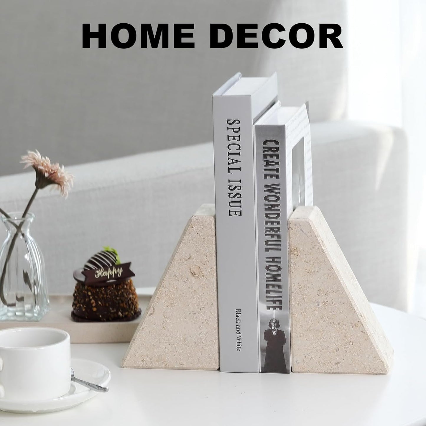 Karibiber Travertine Bookends for Heavy Books, Marble Decorative Bookends for Shelves, Heavy-Duty Stone Book Ends for Hardback Book & Cookbooks, Unique Book Stopper & Holder, Travertino Italy