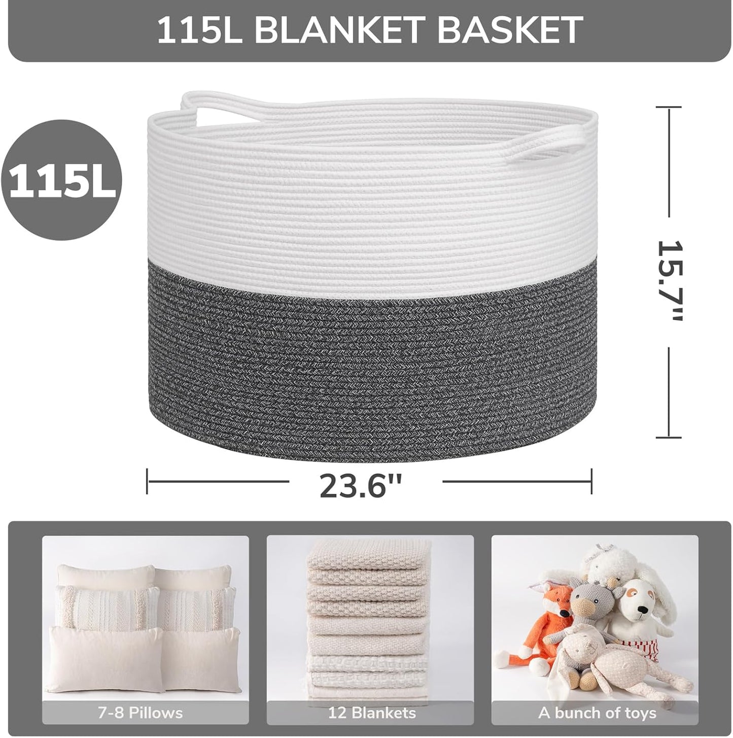 INDRESSME XXXLarge Blanket Basket for Living Room 21.7" x 21.7" x 13.8"-Storage Basket with Handle for Organizing Toy Pillows Woven Cotton Rope Laundry Basket Stuffed Animal Toy Storage for Play Room