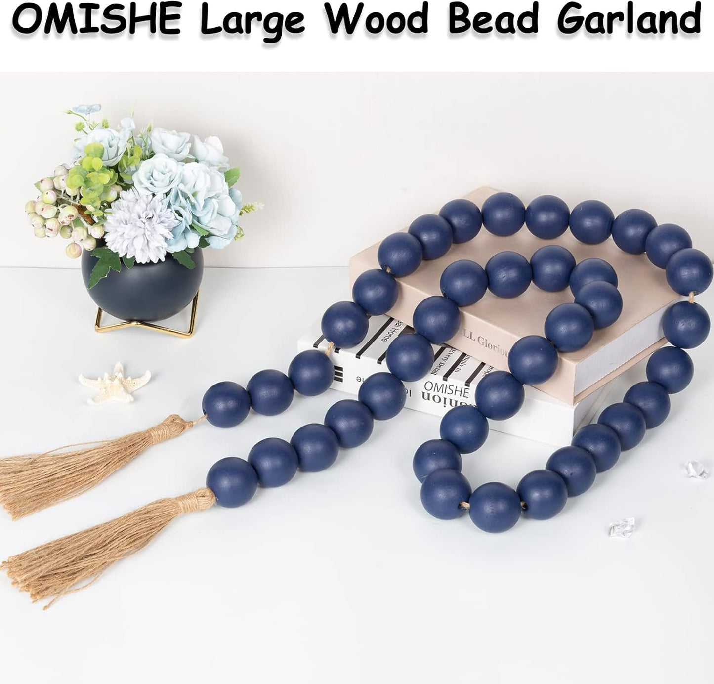 OMISHE Extra Large Wood Bead Garland with 1.6" Diameter Wooden Beads and Tassels, 41" Long Rustic Farmhouse Country Decorative Beads for Home Tiered Tray Decor, Natural Beige