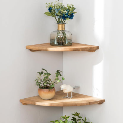 Corner Shelves, Floating Corner Shelf, Set of 2 7inch Solid Oak Wood Wall Shelves, Round End Wall Mount with Wire Hole Shelving for Small Plant for Bedroom Kitchen, Living Room