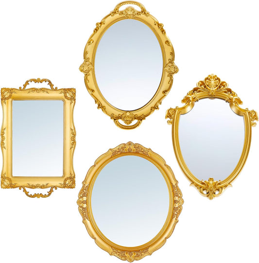 Beeveer 4 Pcs Vintage Gold Mirrors Set Decorative Hanging Wall Decor for Wedding Gallery Bedroom Bathroom Antique Jewelry Dresser Organizer Mirrored Tray Victorian Decor (Classic,Gold)