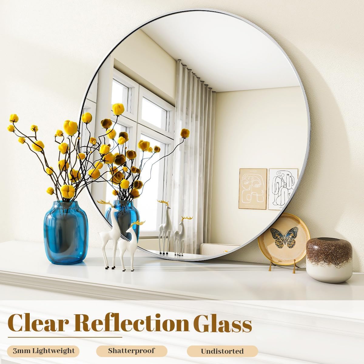 VooBang Large Black Round Bathroom Mirror, 48 inch Circle Wall Mounted Hanging Mirror with Simple Modern Circular Metal Frame for Hallway, Entryway, Living Room, Black Frame