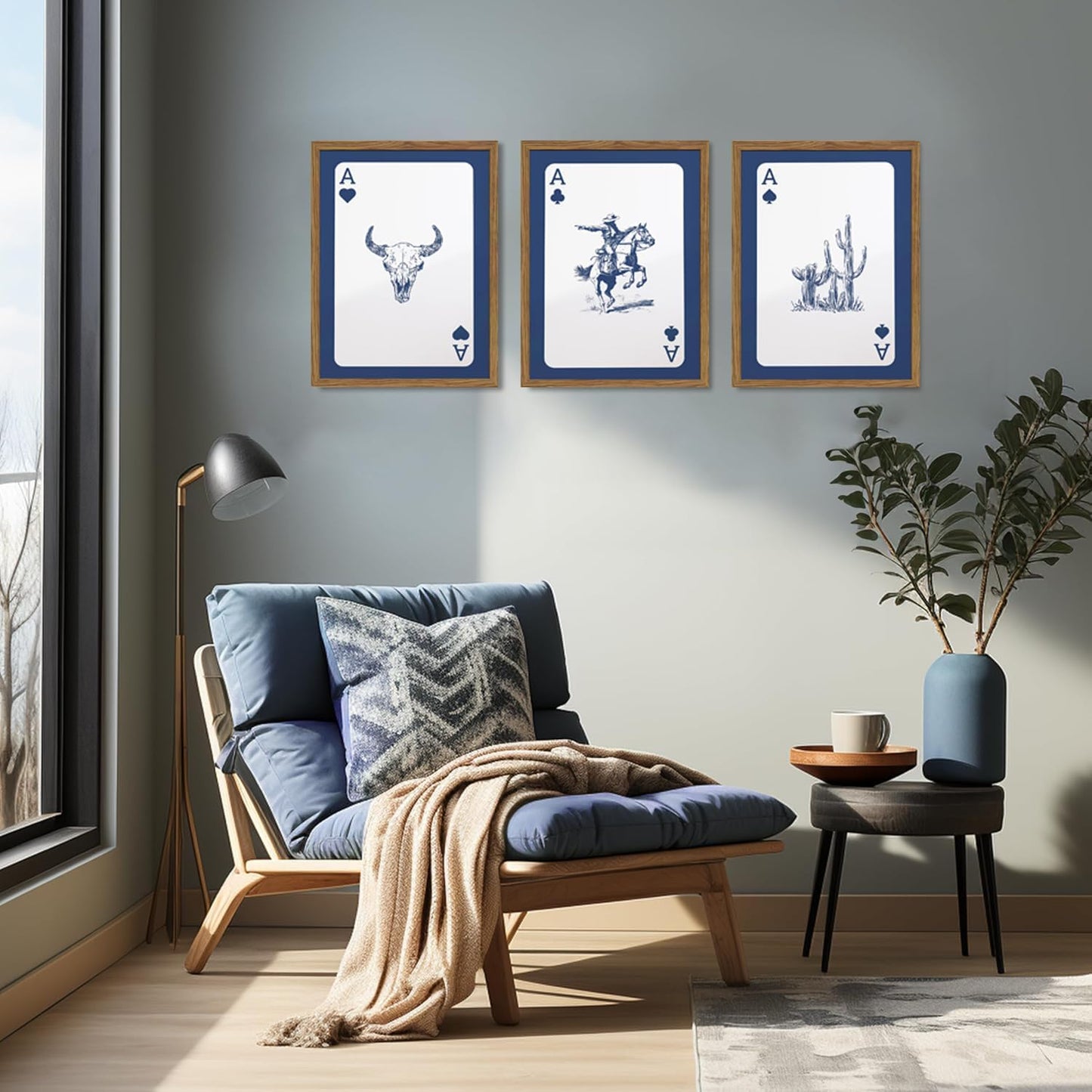 Western Wall Art Set of 3, Southwestern Cowboy Playing Card Wall Decor, Longhorn Bull Skull and How Lucky are We Poster Canvas Painting Prints for Bedroom Living Room 12x16 inch Wood Framed