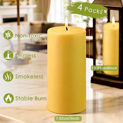 Natural Beeswax Candles 4 Packs, Beeswax Pillar Candles with 140 Hours Burn Time, Organic Emergency Candle Long Burning for Home Room, Smokeless & Dripless, 2x4 inch
