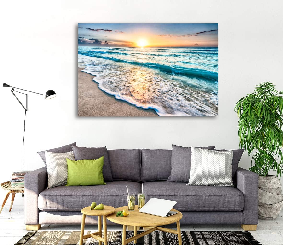 Baisuart S02250 Canvas Prints Wall Art Beach Sunset Ocean Waves Nature Pictures Stretched Canvas Wooden Framed for living Room Bedroom and Office