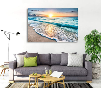Baisuart S02250 Canvas Prints Wall Art Beach Sunset Ocean Waves Nature Pictures Stretched Canvas Wooden Framed for living Room Bedroom and Office