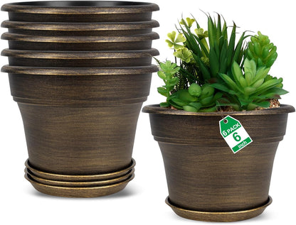Fodetyff 10 Inch Planters Plant Pots Indoor Outdoor, 4 Pack Plastic Flower Pot for Indoor Plants with Drainage Holes & Trays, Resin Decorative Container Sets with Saucer for House Garden Copper