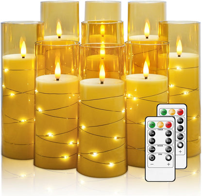 Nimiko Flickering Flameless LED Candles, 9 Pcs with Embedded Star String, Acrylic LED Pillar Candles with Remote, Suitable for Home Decoration (White)