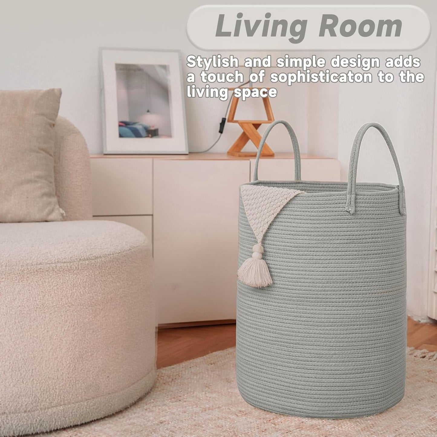 JMvicyroam Large Woven Laundry Basket Hamper,60L Cotton Rope Storage Bin for Blankets,Toys and Clothes,Decorative Tall Nursery Hamper for Living Room,Baby Nursery,Bathroom and Bedroom,Brown