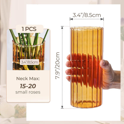 ComSaf Glass Cylinder Vases, Bud Vase for Centerpieces, 8 Inch Tall Ribbed Vase Hurricane Floating Candle Holder, Decorative Flower Vases for Wedding Reception, Home Decor, Housewarming Gift (Clear)