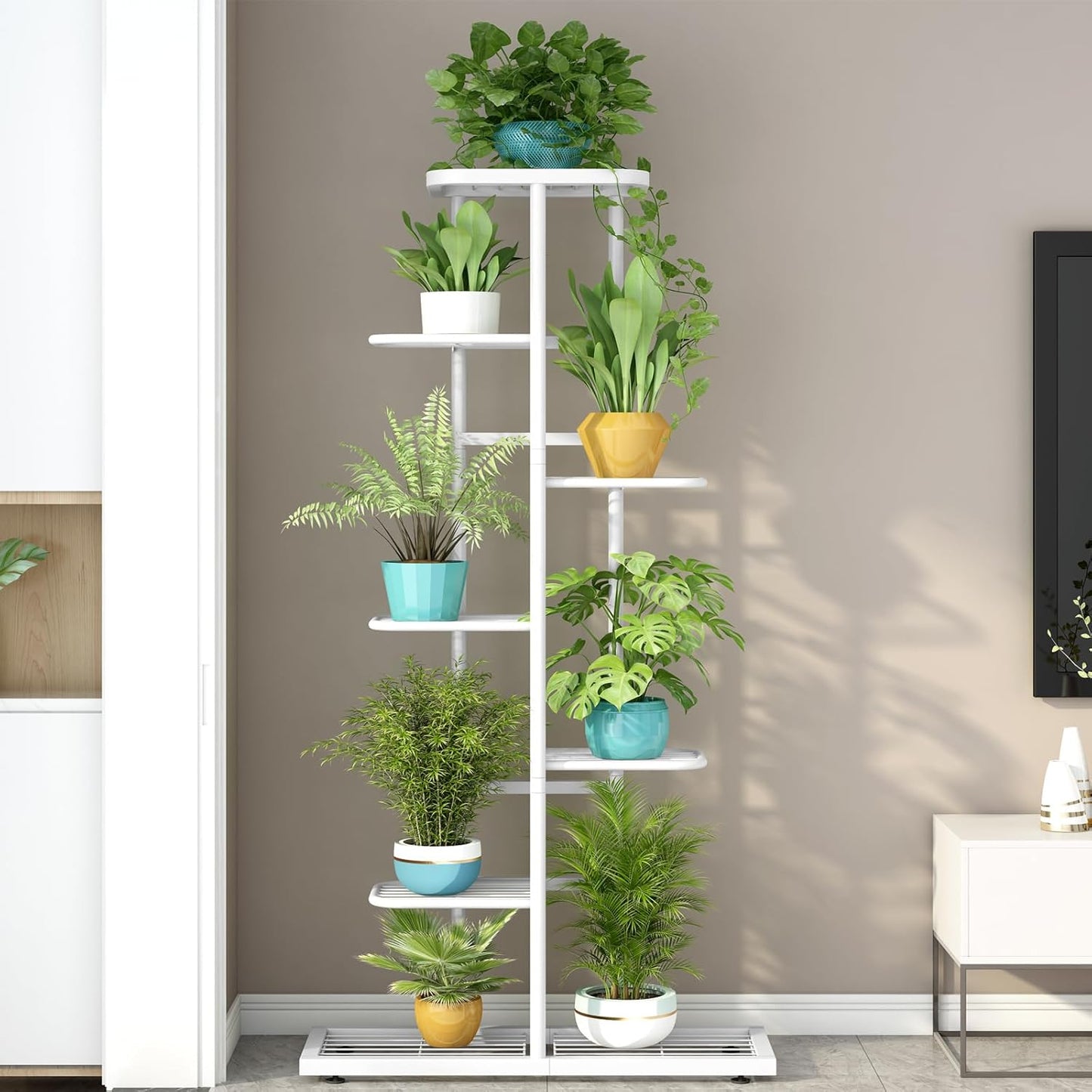 LINZINAR Plant Stand Indoor Outdoor Corner 4 Tier Metal Plant Shelf Patio Plant Rack for Garden Corner Balcony Living Room