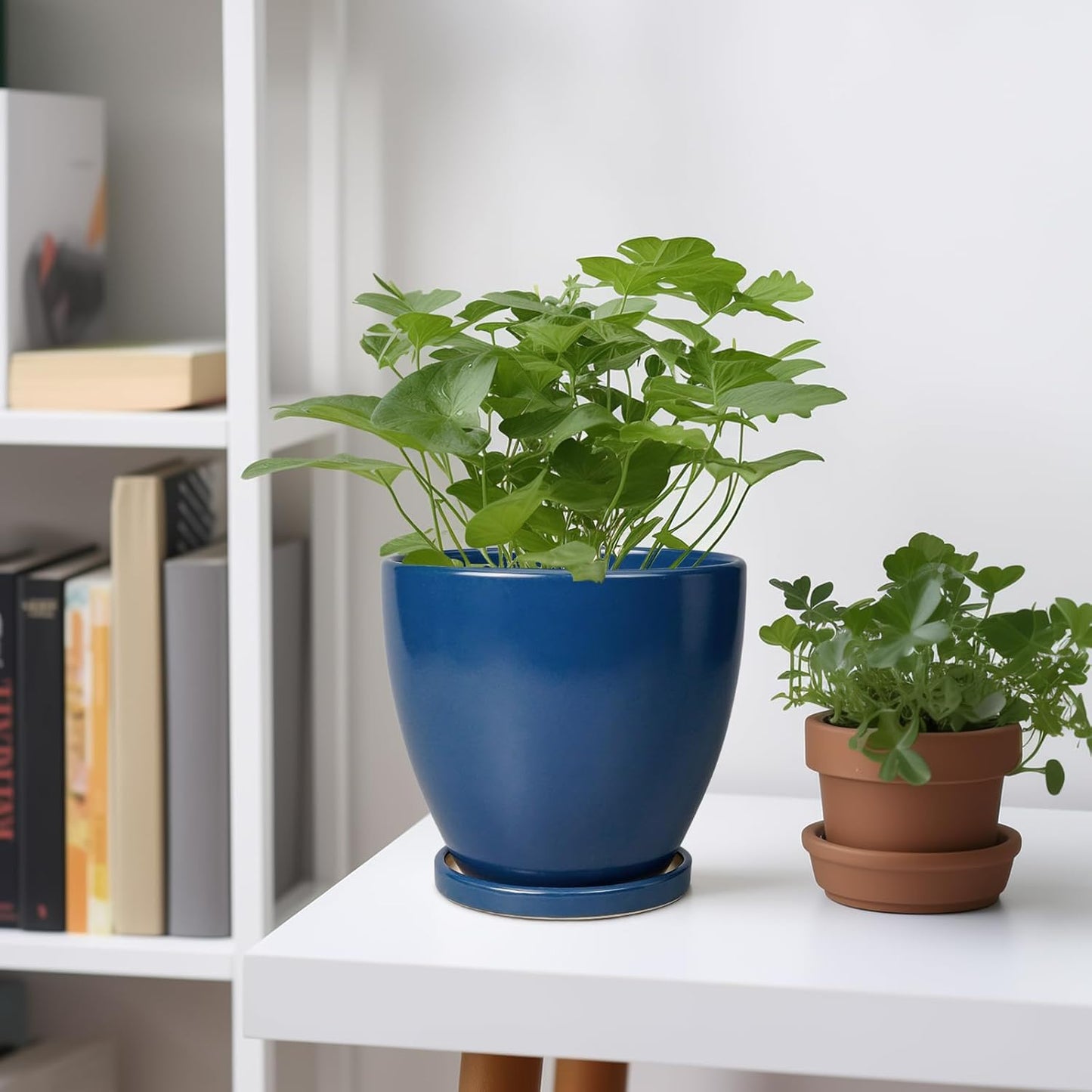 10 Inch Ceramic Planter Pot Round Plant Pot for Indoor Plants Outdoor Large Flower Pot with Drainage Hole and Saucer Blue