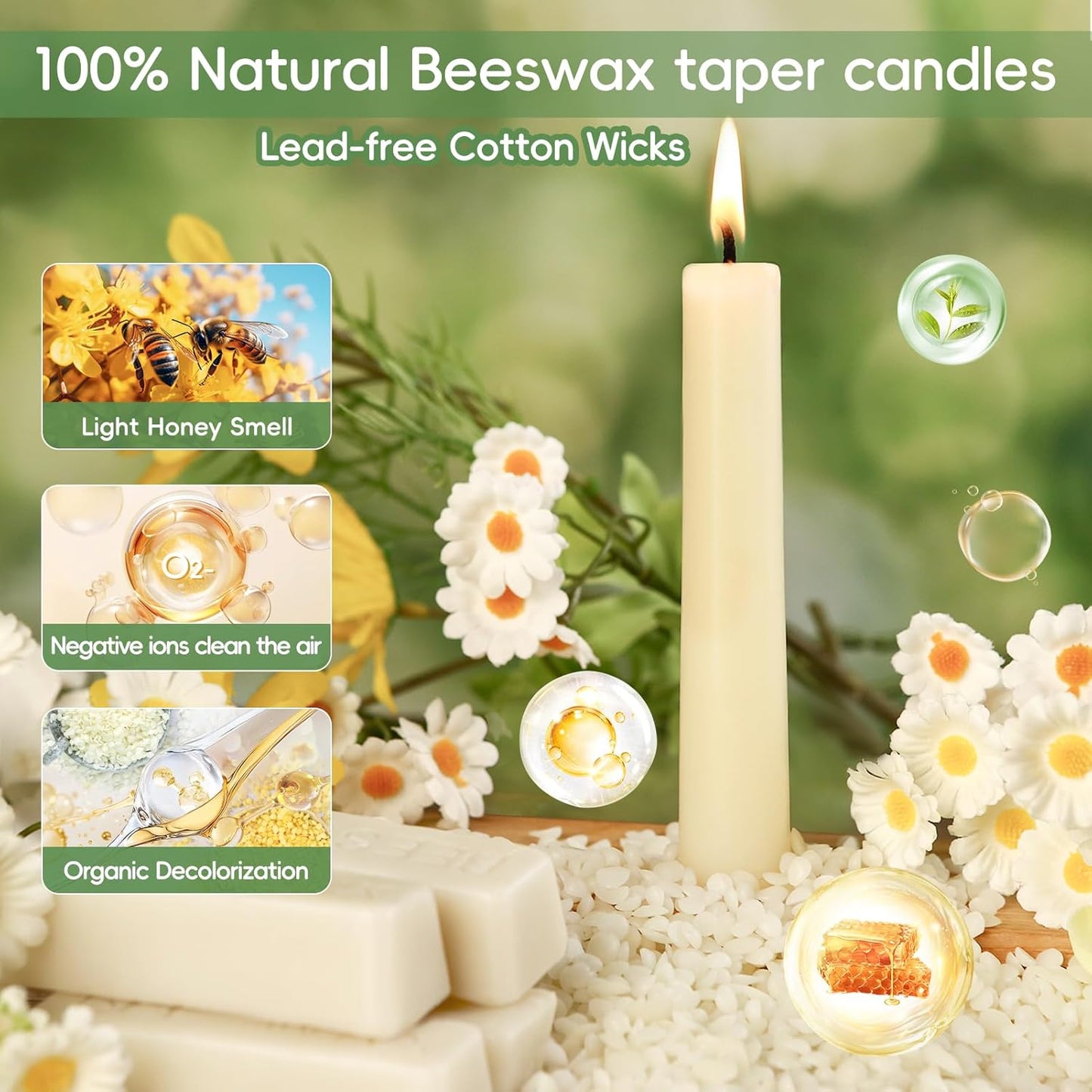 12 Pack Beeswax Taper Candles,8in Dripless Pure Beeswax Candles Non Toxic,8 Hours Long Burning 100% Natural Candle Sticks,Smokeless and Unscented Bees Wax Candle for Home,Prayer,Tall Tapered