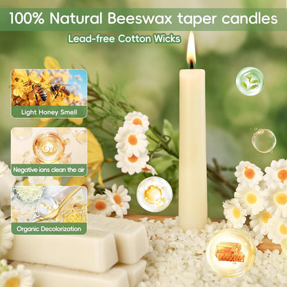 12 Pack Beeswax Taper Candles,8in Dripless Pure Beeswax Candles Non Toxic,8 Hours Long Burning 100% Natural Candle Sticks,Smokeless and Unscented Bees Wax Candle for Home,Prayer,Tall Tapered
