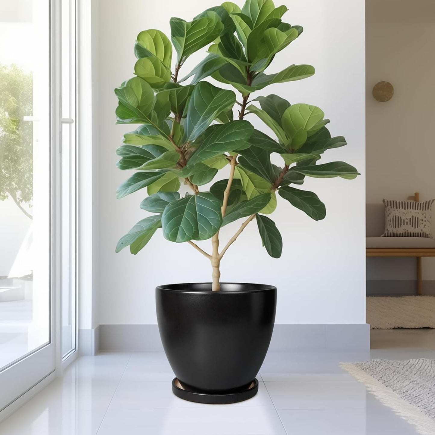 10 Inch Ceramic Planter Pot Round Plant Pot for Indoor Plants Outdoor Large Flower Pot with Drainage Hole and Saucer Blue