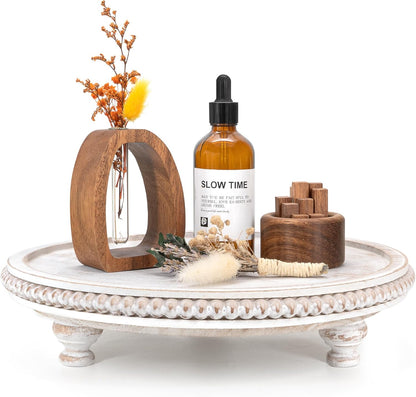 EOSAHR Round Pine Wooden Display Riser - Beaded Wood Riser for Plant, Sponge Holder & Perfume Organizer - Rustic Display Stand Kitchen Counter Organizer, Boho Chic Home Decor for Living Room(Brown)