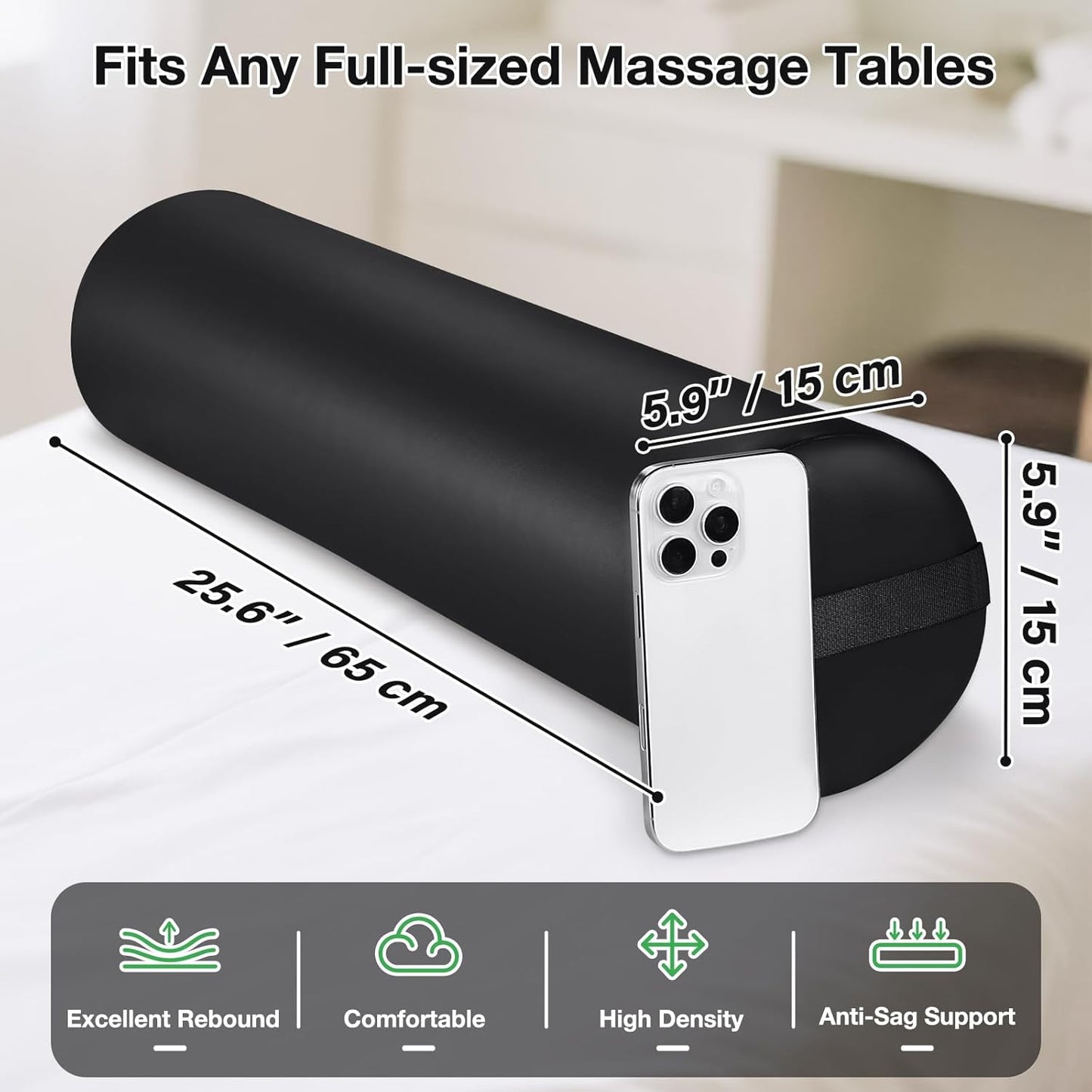 Noverlife 3/4 Round Massage Table Bolster Pillow with Strap Handle, 26 x 6 x 6 in PU Leather Massage Bolster for Under Legs, Cozy Positioning Support Pad for Knee Neck Back Pain Relief - Black