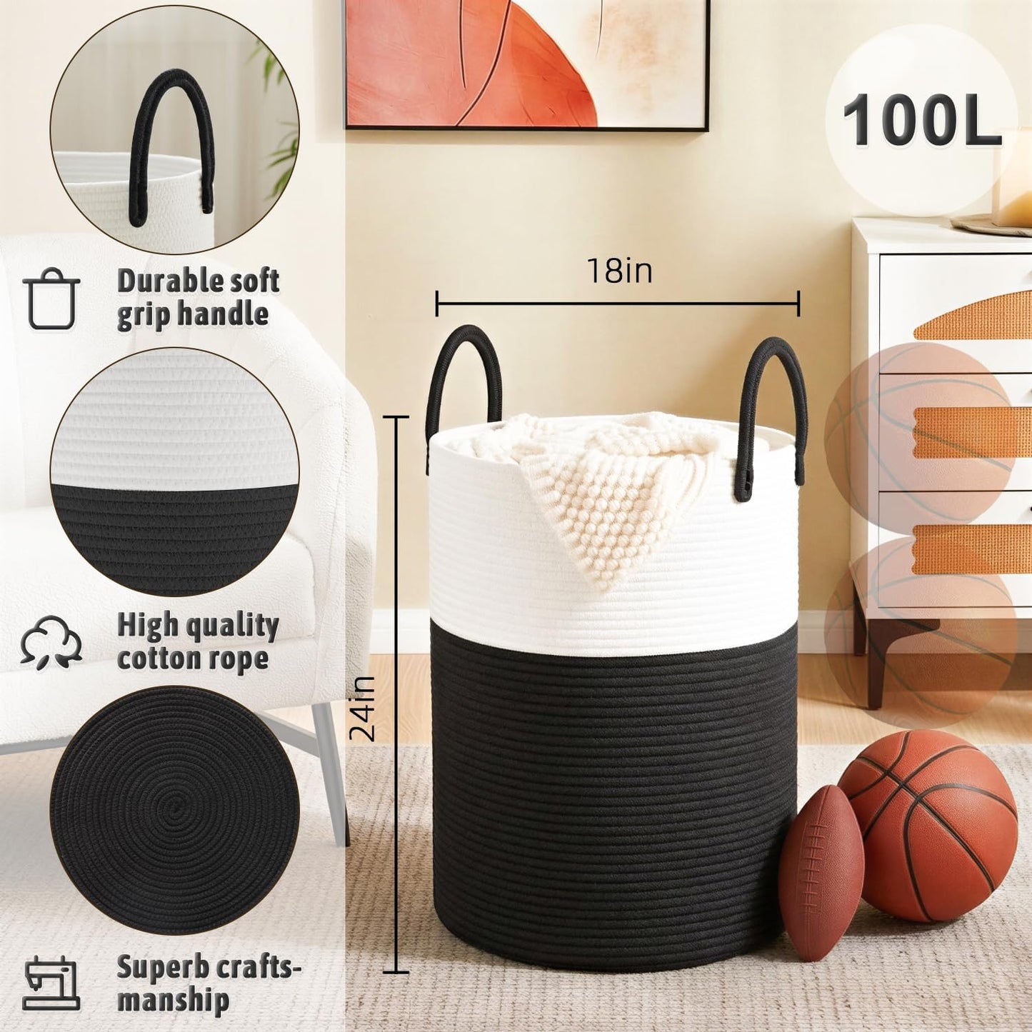 Artfeel Laundry Basket,Woven Cotton Rope Laundry Hamper,60L for Decor Storage of Dirty Clothes,Toys and Blankets in Bathroom,Baby Room and Living Room