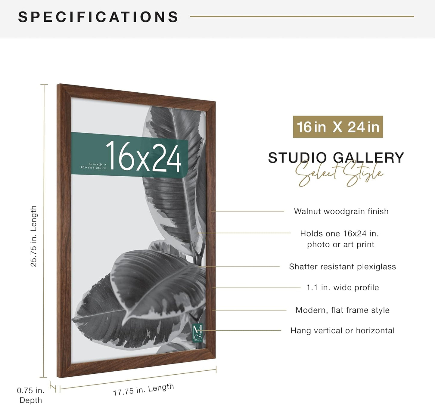 MCS Studio Gallery 16x24 Poster Frame Black Woodgrain Engineered Wood, Vertical & Horizontal Wall Hanging Large Picture Frame for Photos, Posters & Art Prints (1-Pack)