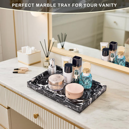Marble Bathroom Tray for Countertop & Home Decor, Natural Decorative Marble Tray for Jewelry & Perfume Organizer, Luxury Stone Vanity Trays for Dresser, Kitchen Counter, 12" x 8", Gray Black