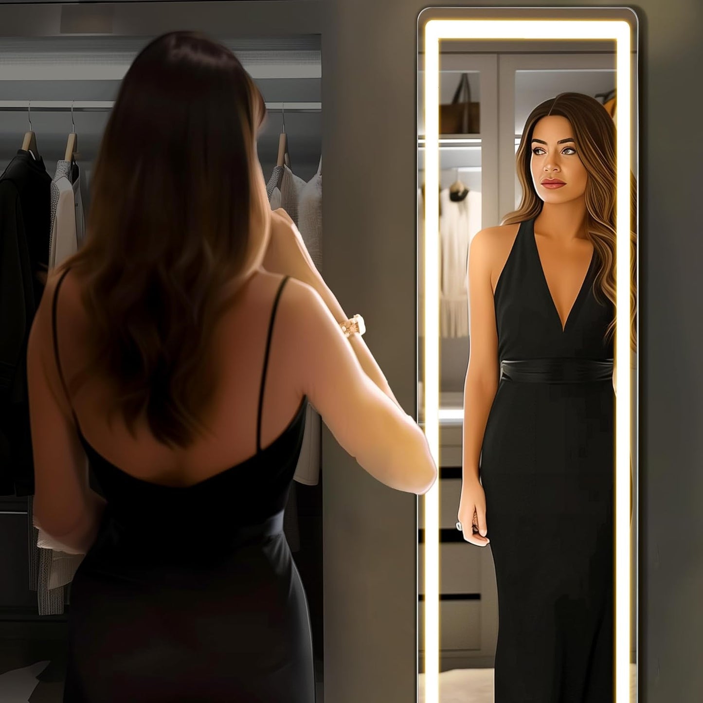 DUMOS Full Length Mirror 64"x21" Full Body Floor Mirror for Bedroom or Cloakroom, Can Stand Alone, Hang or Lean Against Wall, Tall Wall Mirror with Stand, Black