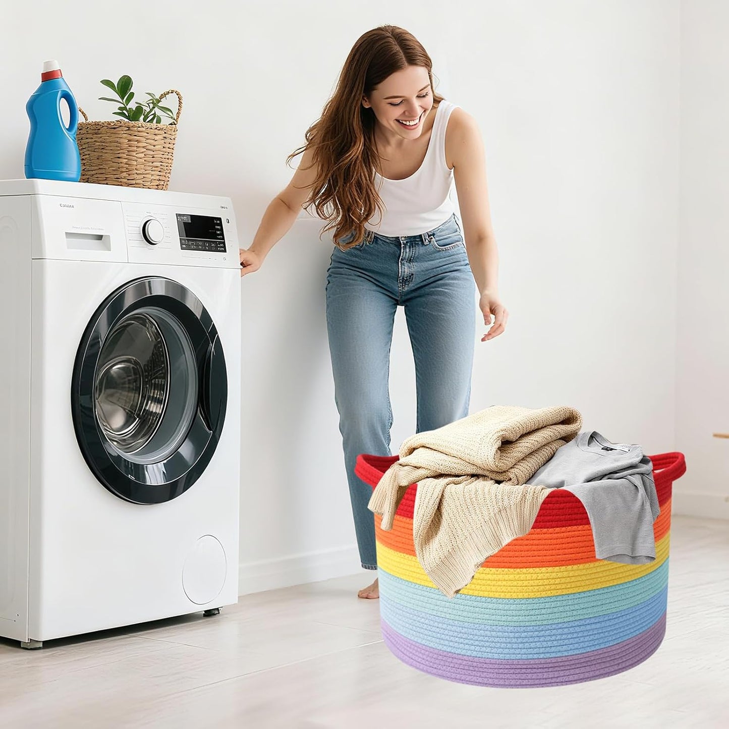 Large Woven Blanket Basket,65L Cotton Rope Laundry Basket Hamper with Handles, Decorative Nursery Basket Storage Bin for Toys, Clothes Organizer, Living Room, Bedroom, Bathroom, White & Brown