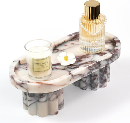 Marble Perfume Tray with Legs - Oval Decorative Stone Pedestal for Bathroom Vanity Coffee Table Kitchen Countertop, Footed Jewelry Candle Organizers Catchall Plate Riser with Scalloped Feet