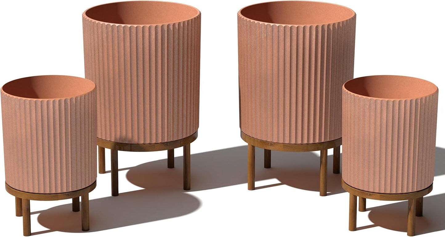 Veradek Demi Series Round Planter w/ Stand for Porch/Patio | Durable Plastic-Concrete & Wooden Stand | Modern Décor for Tall Plants, Flowers