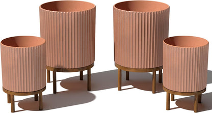 Veradek Demi Series Round Planter w/ Stand for Porch/Patio | Durable Plastic-Concrete & Wooden Stand | Modern Décor for Tall Plants, Flowers