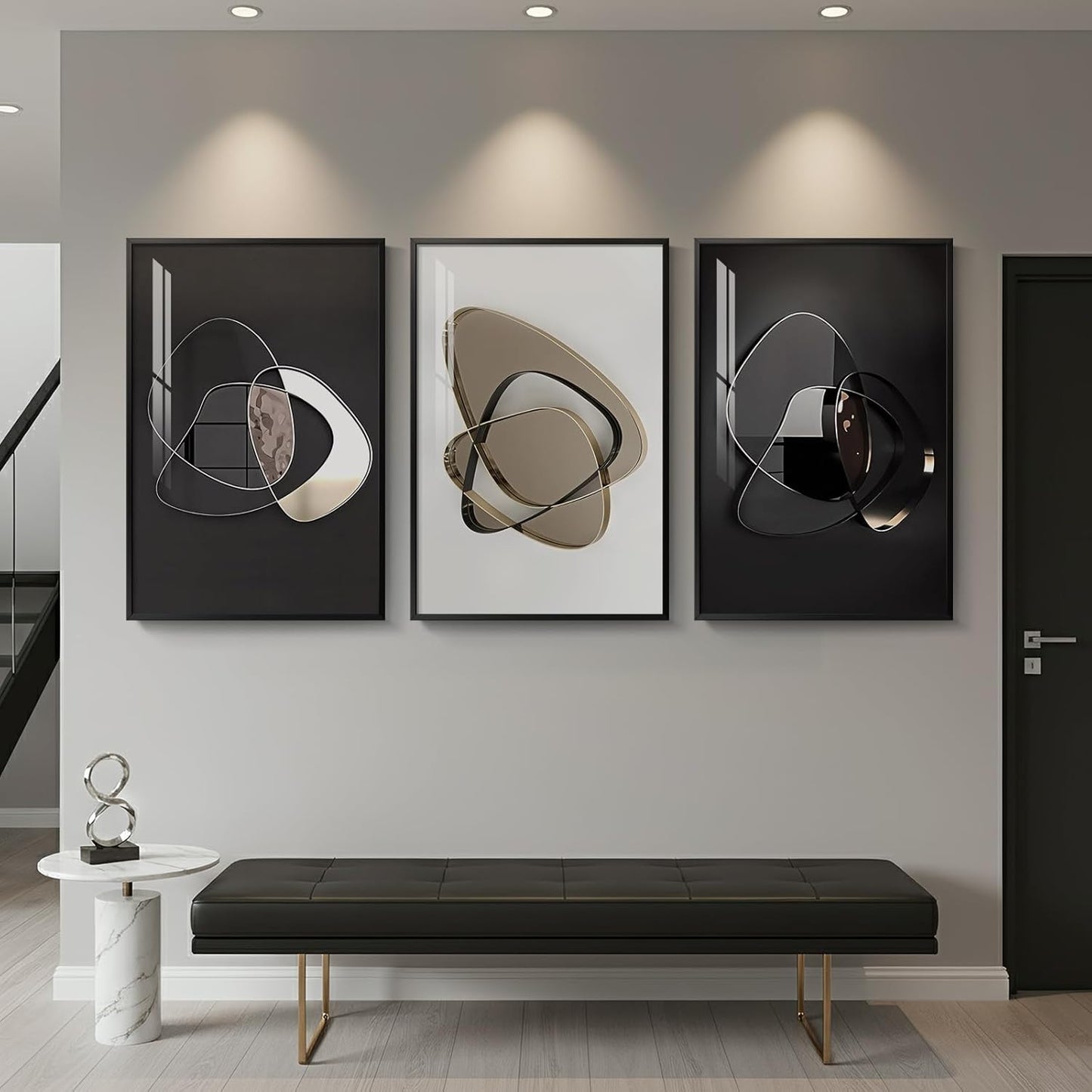 Framed Modern Luxury Gold Wall Art, Set of 3 Piece Contemporary Paintings Artwork for Walls, Golden Prints Pictures with Gold Frame, Wall Decor for Living Room, Hallway, Bedroom, Office 16x24 Inch