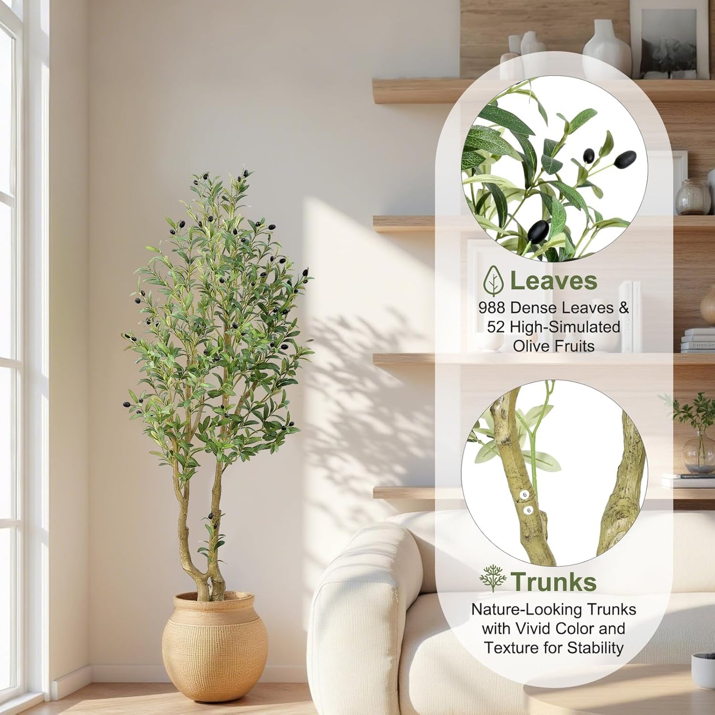 HZXGCP 6ft Artificial Olive Tree Indoor, Fake Olive Tree with White Pot, Faux Olive Tree with Dense Leaves & Realistic Fruits, Tall Artificial Plant for Home Living Room Office Entryway Decor