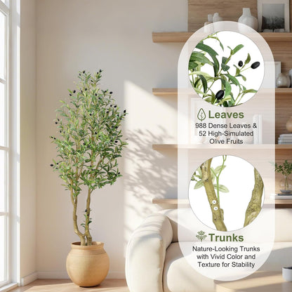 HZXGCP 6ft Artificial Olive Tree Indoor, Fake Olive Tree with White Pot, Faux Olive Tree with Dense Leaves & Realistic Fruits, Tall Artificial Plant for Home Living Room Office Entryway Decor
