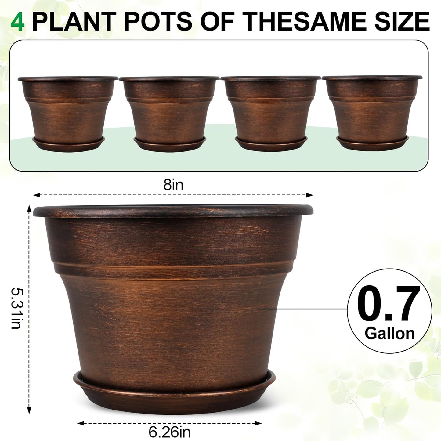Fodetyff 10 Inch Planters Plant Pots Indoor Outdoor, 4 Pack Plastic Flower Pot for Indoor Plants with Drainage Holes & Trays, Resin Decorative Container Sets with Saucer for House Garden Copper