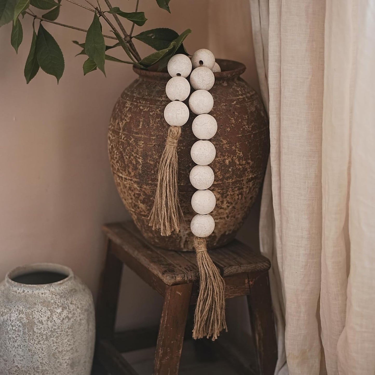Extra Large Wood Bead Garland with 1.6" Diameter Wood Beads, Wooden Beads Garland with Tassels, Decorative Beads, Farmhouse Beads Home Decor (Nature Beige, 41 Inches)