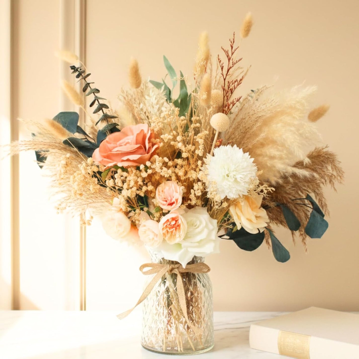 100pcs Artificial Flowers Arrangement With Vase Included, Dining Table Centerpiece Decorations, Fake Flowers in Vase, Dried Pampas Grass Floral Centerpieces, Coffee Table Decor, Centro de Mesa