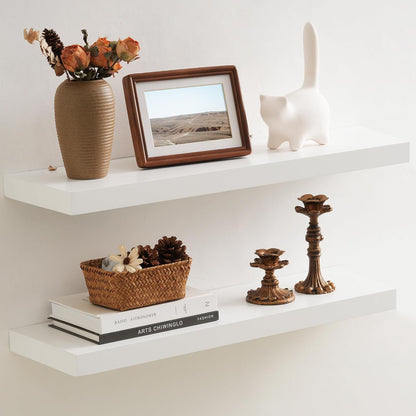 Floating Shelves 36 Inches Long - 8 Inch Deep Rustic Premium Solid Pine Wood for Storage - Farmhouse Wall Mounted for Living Room - Heavy-Duty Metal Bracket - 36" W x 8" D - Set of 2 - White Color
