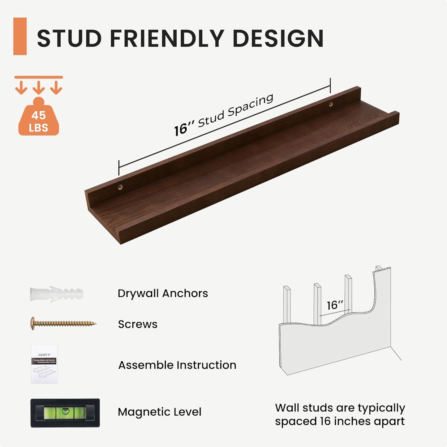 FLYJOE Picture Ledge Shelf, Floating Shelves Set of 2, Solid Pine Wood 55'' Long Large Nursery Book Shelves for Toys Storage, Kids Bookshelf for Living Room Bedroom Decor Books Photo Frames, Walnut