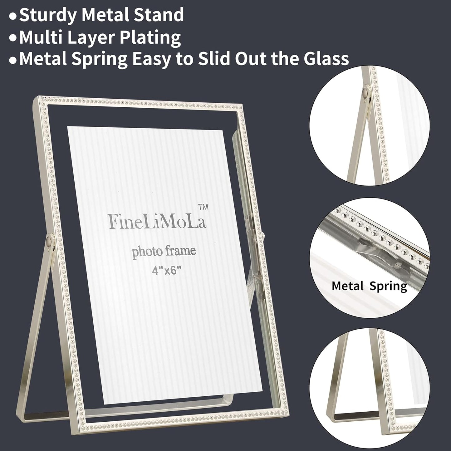 Gold 6x8'' Floating Photo Frame 2 Pack, Beaded Metal Frame Fits 3.5x5'', 4x6'' & 5x7'' Pictures, Adjustable Tabletop & Shelf Display, Elegant Wedding Gift for Home Decor