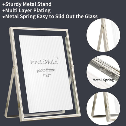 Gold 6x8'' Floating Photo Frame 2 Pack, Beaded Metal Frame Fits 3.5x5'', 4x6'' & 5x7'' Pictures, Adjustable Tabletop & Shelf Display, Elegant Wedding Gift for Home Decor