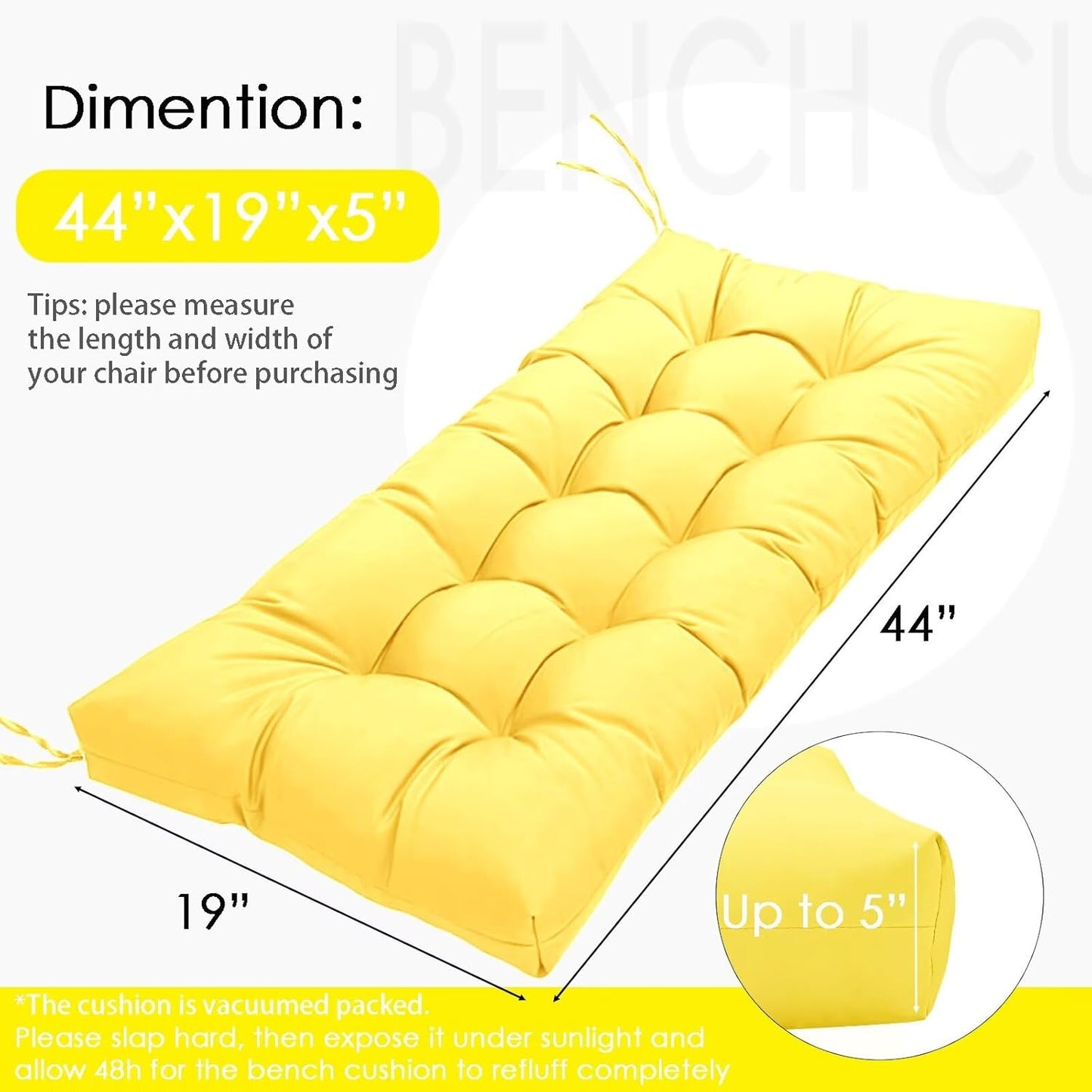 MTMR Outdoor Bench Cushion-44X19 Water-Repellent Tufted Porch Swing Cushions with High Elasticity PP Cotton and Ties Fade-Resistant Patio Outdoor Chair Cushion for Bench Furniture, Indoor Seat Cushion