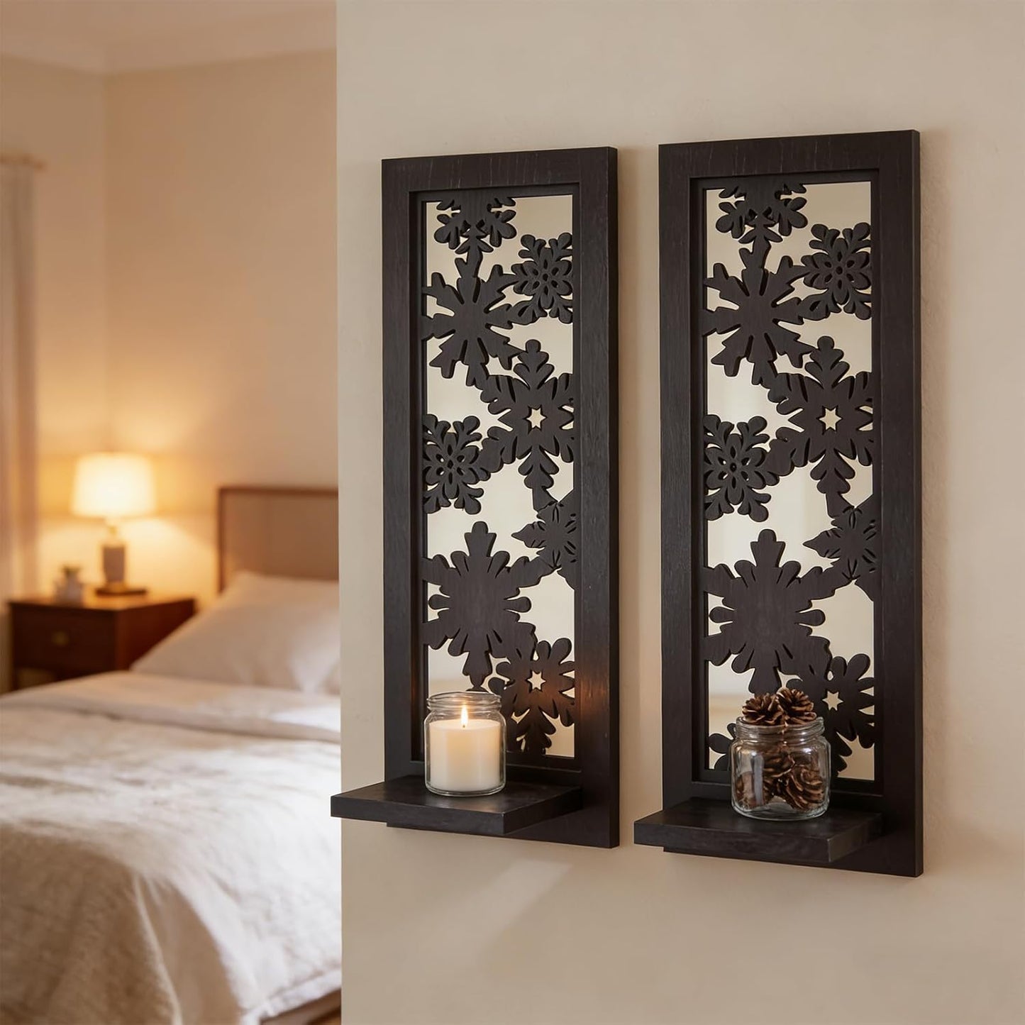 Wood Wall Sconce Candle Holder Set 2, Rustic Wall-Mount Candle Holders, Farmhouse Hanging Wall Décor, Carved Wood Frame, Mirrored Candle Holder (Distressed White)