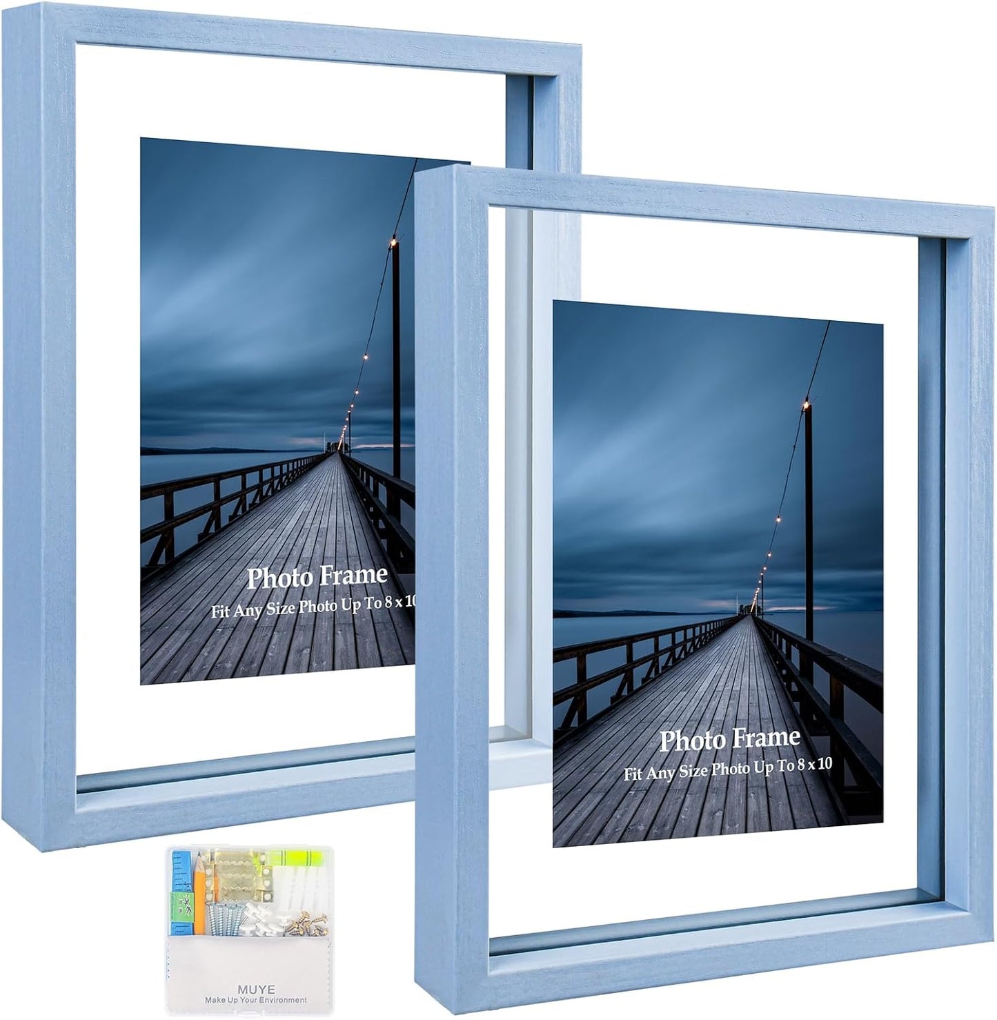 MUYE 11x14 Floating Frame Set of 2,Double Glass Rustic Frame,Display Any Size Photo up to 11x14,Wall Mount or Tabletop Standing,Natural