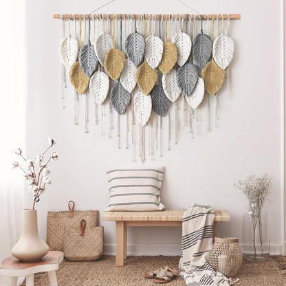 LOMOHOO Macrame Wall Hanging Boho Beige Leaves Tapestry Bohemian Handmade Woven Wall Art Decoration for Bedroom Living Room Apartment Dorm Gallery Perfect Handmade Gift Ideas